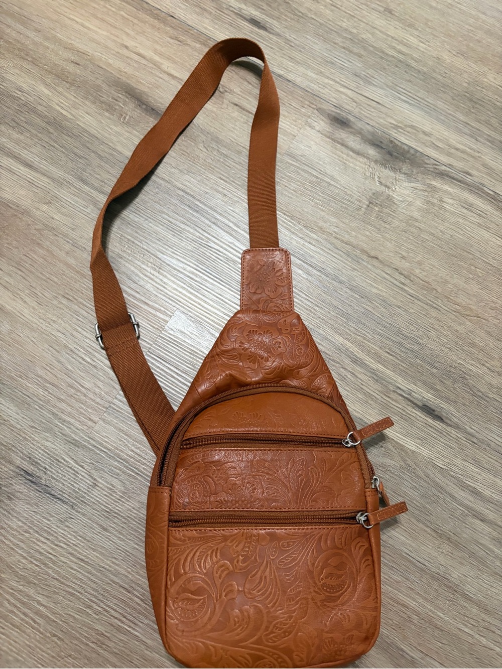 Tan Embossed Leather Sling Bag